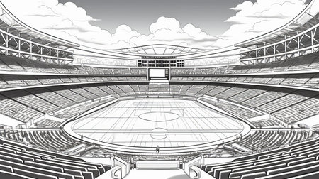 black and white vector art illustration of a soccer stadium, influenced by anime style and the works of mike ploog. the illustration showcases detailed marine views with a color palette of gray and amber. the composition features empty space and a collaborative approach, reminiscent of the artistry of armand guillaumin. ai generatedの素材
