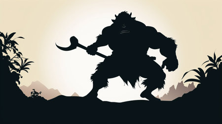 hobgoblin silhouette emerges from the dense jungle, brandishing a sword and a stick. this larger-than-life figure is reminiscent of the majestic norwegian nature, with its spiky mounds and lush ferns. the strong facial expression adds an air of mystery and intrigue, while the illustration showcases the artist's inspiration from the renowned painter, fernando botero. the image captivates with its strong contrast between light and dark,の素材