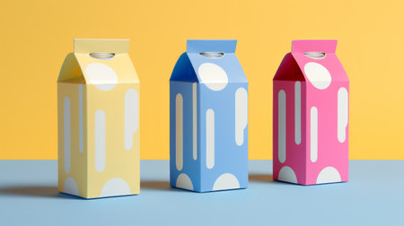 three plastic milk boxes are showcased on a vibrant yellow background. the cartoonish designs, rendered in cinema4d, feature bold colors like light navy and light magenta. with a touch of whimsy, the boxes are adorned with marks and sketches, offering a critique on consumer culture. this playful image captures the essence of these cute and eye-catching designs. ai generatedの素材
