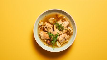 fish soup in a bowl, placed on a vibrant yellow background, captured from a birds-eye-view perspective. this visually striking image exudes youthful energy and showcases elements of petcore, whistlerian, and mushroomcore aesthetics. with a touch of social commentary, the mediterranean-inspired soup is beautifully infused with flavors and colors that are sure to tantalize the senses. ai generatedの素材