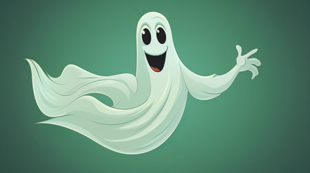 a white ghost with a smiling face and flowing draperies, depicted in a cartoon-like style. the background is smokey, adding to the mysterious atmosphere. the ghost's eyes and mouth are cleverly incorporated into its design. the use of light green and light emerald colors enhances the overall appeal. the ghost's form is fluid and dynamic, making it an eye-catching image. ai generatedの素材