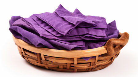 a basket of purple towels, showcasing intense coloration, is placed on a white background. the towels are styled in the bentwood design, giving them a raw and unpolished appearance. with a touch of chinapunk influence, the towels exhibit exacting precision in their slumped and draped arrangement. ai generatedの素材