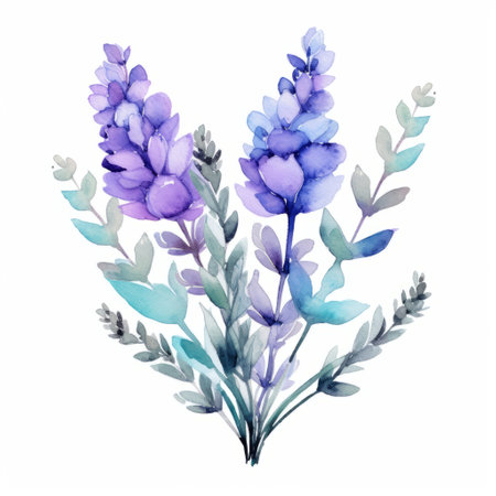 an isolated watercolor painting of a captivating blue and purple flower, combining natural and man-made elements. the artwork features a blend of light indigo and light gray hues, creating a mesmerizing effect. the organic material is beautifully depicted, with the flower showcasing shades of light purple and dark blue. this decorative painting offers colorful arrangements that are sure to catch the eye. ai generatedの素材