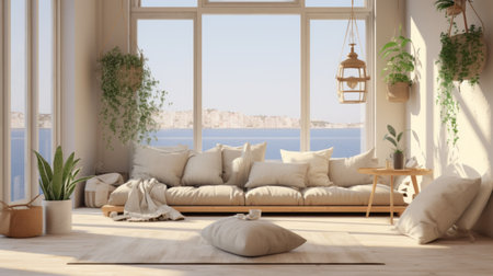 modern home with a white sofa bed and window, featuring coastal and harbor views. this 3d rendering showcases a light gold and light beige color scheme, creating a soft and romantic atmosphere. the image captures the essence of maximalism, with a touch of elegance and tranquility. perfect for those seeking a serene and stylish living space. ai generatedの素材