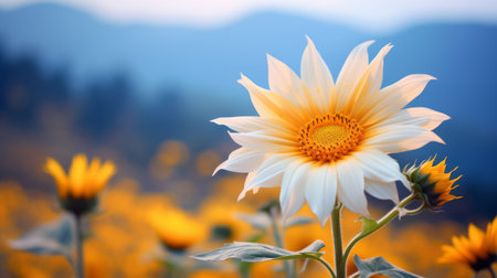 a bright yellow and white flower blooms in the mountains, surrounded by a soft focus and ethereal light. the vibrant colors of light orange and light indigo create a mesmerizing contrast. this high-resolution image captures the beauty of nature with eco-friendly craftsmanship. the sun-soaked colors of dark turquoise and light white add a touch of serenity. perfect for those who appreciate the bardcore aesthetic. aiの素材