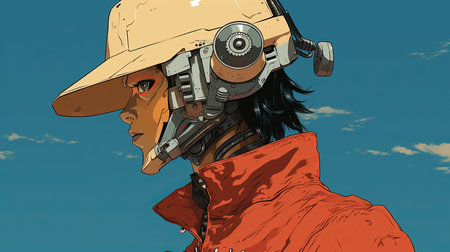 a person in red, wearing a helmet and brown sneakers, is depicted in a cyberpunk manga style. the artwork resembles a poster with light orange and gray tones. the western-style portraits are characterized by precisionist lines. the detailed skies add depth to the image, captured using a ricoh ff-9d camera. ai generatedの素材