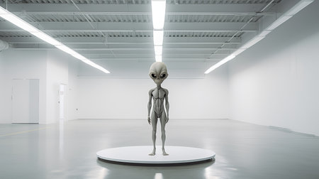 white alien figure in a detailed scientific-style white room. realistic sculptures, light green, and dark gray colors. commercial imagery with rim light. saturno butto and hyper-realistic atmospheres create a captivating visual. ai generatedの素材