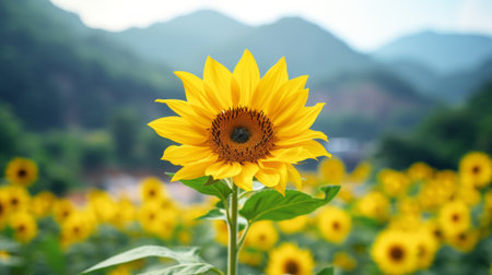 a sunflower stands tall on a field, surrounded by majestic mountains. this photograph captures the essence of shige's visual aesthetic style, with its soft-focus portraits and vibrant, lively hues. the uhd image showcases the intricate nature-based patterns of the sunflower, creating a breathtaking sight. the combination of yellow and emerald adds to the beauty of this stunning scene. ai generatedの素材