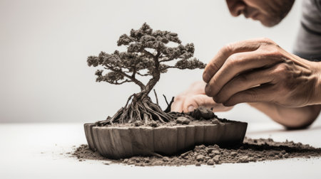 a man tending to a small dirt bonsai tree, showcasing the monochromatic style of artwork. the image captures the grit and grain of the tree, with organic sculpting and precisionist lines. the color palette consists of shades of gray and brown, while meticulous inking and detailing enhance the overall aesthetic. ai generatedの素材