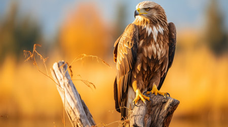 an eagle perches on a stick, bathed in golden light. this characterful animal portrait showcases the eagle's majestic presence. the image features light brown and yellow tones, with sharp focus and bold contrast. the rich hues and naturalistic pose capture the essence of the eagle's beauty. the photo has a wimmelbilder style, adding an intriguing touch to the composition. ai generatedの素材