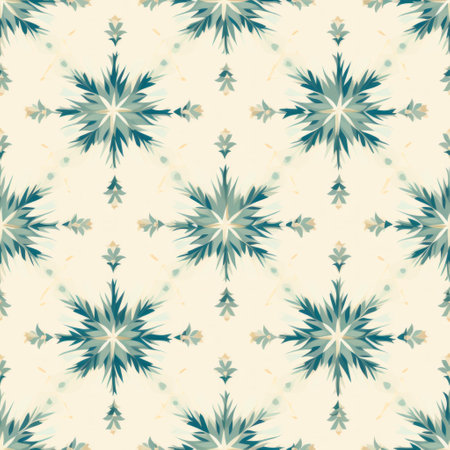 white snowflakes and green leaves create a captivating pattern on a white background. the design features a dynamic symmetry with layered fabrications, combining dark sky-blue and light beige hues. the composition is enhanced by the use of light yellow and dark aquamarine accents, as well as dark turquoise and light crimson shades. the overall effect is a luminous shadowing that highlights the crystalcore of theの素材