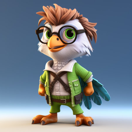a cartoon character with glasses, a tie, and shorts is depicted in this image. the character is illustrated in a life-like avian style, created using zbrush software. the image features volumetric lighting and toy-like proportions. the character's appearance is both sharp and prickly, adding to its charm. the image captures the essence of green academia. ai generatedの素材