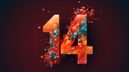 the photo showcases a vibrant and innovative representation of the number 14. created with dots and a funky style, it resembles crystalline and geological forms. the use of vray tracing enhances the sharp and vivid orange and crimson colors. the textured backgrounds add depth to the overall design, resulting in a visually striking and unique crystal cubism-inspired composition. ai generatedの素材