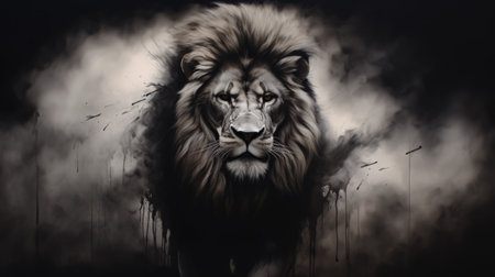 the lion walks on a dark background, showcasing the mesmerizing style of airbrush art. the image features a captivating blend of dark white and gray tones, creating a moody atmosphere. the misty, dramatic shading adds depth to the landscape, showcasing the artist's skillful use of digital art techniques. ai generatedの素材