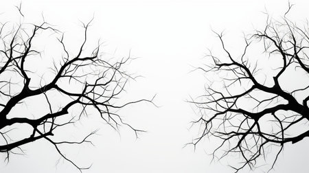 two branches, one dark and one white, are captured in this black and white photo. the dreamlike illustration style adds an ethereal and slightly eerie touch to the image. with low poly elements and flat backgrounds, the branches stand out against the white backdrop. the overall effect is a natural scenery with a hint of translucent horror. ai generatedの素材