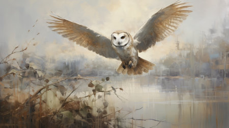 barn owl gracefully soars above the tranquil water, captured in a mesmerizing artwork. the expressive brush strokes bring the scene to life, showcasing the owl's majestic flight. this realistic genre painting beautifully depicts the naturalistic flora and fauna, with attention to detail. created using cryengine technology, this artwork is designed for large canvas sizes, immersing viewers in the misty ambiance and showcasing the owl's ivoryの素材