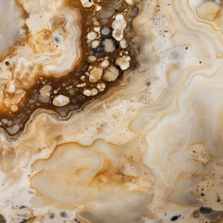 a close-up photo of a brown marble with swirling light and multi-colored patterns. this unique marble combines realistic and fantastical elements, resembling intuitive ink washes. the high-resolution image captures the intricate details of the crystals, showcasing a mix of light beige and dark amber tones. the matte finish adds a touch of elegance to this national geographic-style photograph. ai generatedの素材