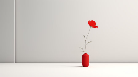 an empty vase sits at the center of this minimalist image, featuring a light gray and red color scheme. the japanese-inspired design exudes a sense of serenity with its sparse use of color and 3d elements. the minimalist background adds to the overall aesthetic, creating a visually pleasing and calming composition. ai generatedの素材