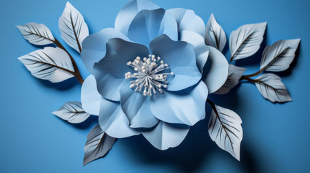 a blue paper flower, inspired by the american studio craft movement, stands out against a matching blue background. this handcrafted design showcases intricate floral arrangements with blink-and-you-miss-it realistic detail. the symmetrical and multi-layered composition adds depth and beauty to this stunning piece. ai generatedの素材