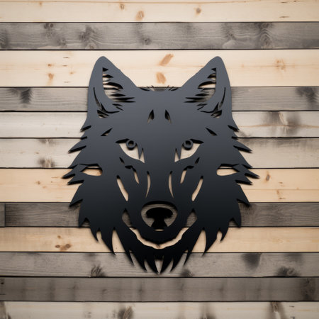 wolf head on white wood background, featuring extruded design and heistcore style. the bold structural designs stand out against the black background, creating a striking visual contrast. made from aluminum, this high-resolution image showcases the intricate details of the wolf's features. perfect for those who appreciate weathercore aesthetics. ai generatedの素材