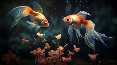 two gold fish gracefully swim in an aquarium, surrounded by a dark background. this hyper-realistic illustration captures the tranquil beauty of these charming aquatic characters. with its stunning visual harmony, this artwork is reminiscent of tranquil gardenscapes and can be used as a captivating wallpaper. experience the mesmerizing allure of these wimmelbilder-inspired fish in this breathtaking piece. ai generatedの素材