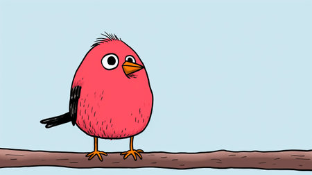 a pink animal perches on a branch in this cartoon image, reminiscent of life-like avian illustrations. the rough-edged 2d animation and comic strip style add a unique touch. with its red and azure color palette, the animal stands out. its wandering eye adds a playful element to the image, reminiscent of the work of mike judge. this illustration has a historical feel to it, reminiscentの素材