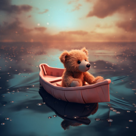 a teddy bear sits in a boat on the water, surrounded by dreamlike horizons. this soft and dreamy depiction, created using zbrush and daz3d, captures a playful caricature with a touch of soft focus nostalgia. the dramatic atmospheric perspective adds depth and enhances the dreamy atmosphere of the scene. ai generatedの素材