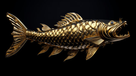 a golden fish, inspired by meiji art, is showcased on a black background. this hard surface model features a realistic hyper-detailed rendering, with sculptural aesthetics and a paleocore influence. captured in 32k uhd resolution, the fish's intricate design and vibrant color make it a visually stunning piece. ai generatedの素材