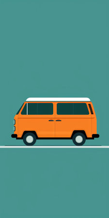 an orange van is depicted in this image, featuring a minimalist background with a simplistic cartoon style. the color palette consists of dark teal and light amber, adding a vintage vibe to the overall aesthetic. the van's design is sleek and stylized, with a streamlined and dynamic balance. ai generatedの素材