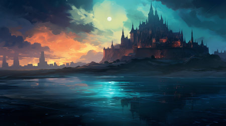 elrond castle, a stunning sea scene at night, captures the essence of cyril rolando's style. this rough-edged 2d animation showcases grandiose color schemes and a gothic atmosphere. the artwork by fenghua zhong features a captivating blend of light cyan and dark crimson, brought to life through lively brushwork. ai generatedの素材