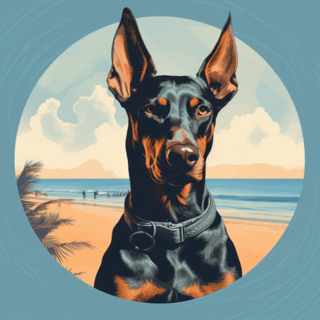 a doberman pinscher, captured in a vintage graphic design style, sits on the shore of a beach. this detailed portraiture showcases the dog's features, while the tondo format adds a unique touch. the american scene painting aesthetic is evident in the distinct framing, combining sky-blue and black hues. this illustration beautifully captures the essence of the doberman pinscher on the beach. ai generatedの素材