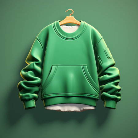 green hoodie on hanger with wooden frame illustration, featuring a zbrush-inspired style with hyper-realistic details. the artwork showcases elements reminiscent of kenny scharf's rounded, hard-edge style, highlighting the use of fabric in the illustration. ai generatedの素材