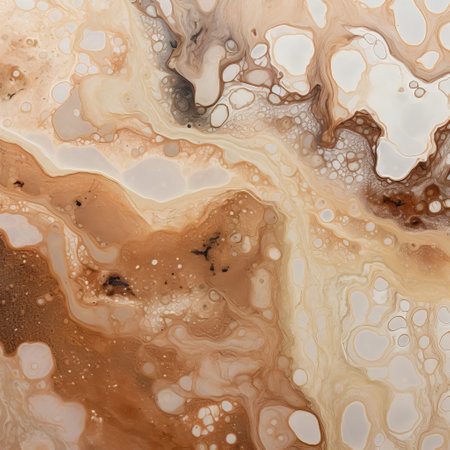 a photo showcasing intense close-ups of brown and tan liquids resembling ethereal landscapes. the high detailed composition features a mix of white and beige tones, with polychrome terracotta accents and raw metallicity. the image captivates with its blink-and-you-miss-it details. ai generatedの素材