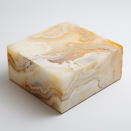 a stunning stone sculpture featuring intricate gold and white details, crafted in a mesmerizing style reminiscent of light orange and amber hues. the sculpture showcases an illusory gradient effect, with rectangular fields adding to its visual appeal. captured through tabletop photography, this single object exudes a sense of soft mist and belongs to the unique aesthetic of mushroomcore. ai generatedの素材