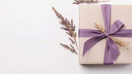 white gift box with lavender and ribbon, accompanied by dried lavender. this minimalist-style photo features a dark beige and pink background, reminiscent of the aesthetic movement from 1970 to the present. the matte finish enhances the dark beige and gold tones, creating a naturalistic and visually pleasing composition. ai generatedの素材