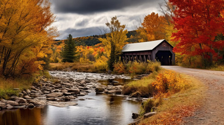 autumn bridges and fall wallpapers create a stunning backdrop in this photo. the mountain view, complemented by a charming red barn, offers a beautiful and romantic riverscape. captured in the style of dark yellow and dark gray, this high dynamic range image showcases the photo-realistic techniques used. shot with a pentax k1000, this uhd image is a visual treat. ai generatedの素材