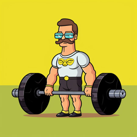 american superhero powerlifter with mustaches and glasses in blue and white, depicted in a pop art cartoonish style. the illustration showcases symmetrical balance and features a vibrant color palette of dark yellow and pink. inspired by w heath robinson, the artwork exudes a masculine and duckcore aesthetic, with a strong emphasis on the use of color. ai generatedの素材