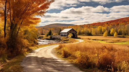 a dirt road winds through autumn fields, leading to an old barn. this picturesque scene captures the essence of romantic riverscapes and american regionalism. the influence of die brucke art movement is evident in the spectacular backdrops of yellow and orange hues. this high-definition image showcases the beauty of the countryside in all its glory. ai generatedの素材