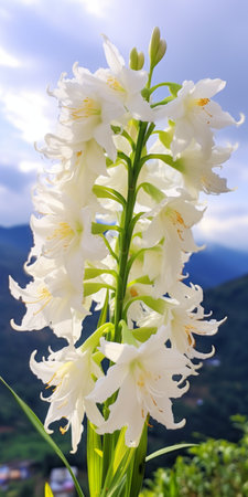 a white flower with yellow tips blooms in a pot on a hill, showcasing the artistic style of shilin huang. this captivating image captures the powerful symbolism associated with flowers. inspired by the works of iris van herpen and paolo veronese, this 32k uhd photograph showcases the beauty of mountainous vistas. prepare to be amazed by the sheer beauty of this stunning composition. ai generatedの素材