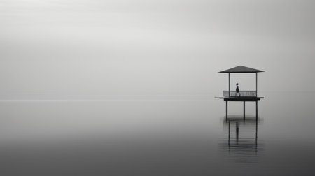 a man stands on a pier in the water, surrounded by a misty atmosphere. the photo captures the essence of monochromatic minimalism, with post-minimalist structures in the background. the gray tones add to the overall aesthetic, reminiscent of ueda fumito's style. the image exudes a sense of oriental minimalism, with a touch of cabincore. ai generatedの素材