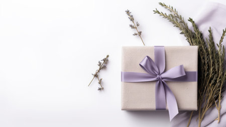a gift wrapped in blue cloth sits atop a minimalist background in light gray. the image showcases the beauty of lavender flowers, complementing the earth tones used in the composition. this uhd image embodies the essence of japanese minimalism, industrial and product design, with a delicate balance of light white and purple hues. ai generatedの素材