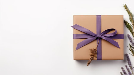 a gift box, in the style of dark purple and light brown, is lying down next to lavender on a white background. the sleek and stylized design features a combination of light brown and emerald colors. this visually appealing composition evokes a sense of humanistic empathy. the texture-based artwork is reminiscent of the works by alfred augustus glendening. #vfxfriday, ai generatedの素材