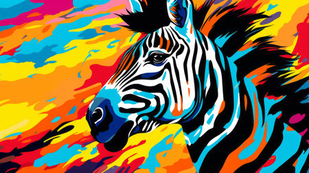 a painted large zebra in the style of colorful abstraction, showcasing elements of colorful moebius, alena aenami, and cartoon abstraction. this vibrant artwork is captured in stunning 8k resolution, combining the essence of colorful post-impressionism and pop art brightness. ai generatedの素材