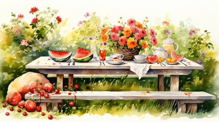a watercolor painting of a picnic table, showcasing photorealistic compositions and elaborate fruit arrangements. this uhd image captures the meticulous design and intricate details of delicate flower and garden paintings. a celebration of rural life, this artwork is created in the style of ferrania p30, offering a stunning visual experience. ai generatedの素材