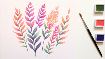 a photo of a watercolor flowers tutorial for beginners showcasing highly detailed foliage and colorful gradients. the artwork features a combination of dark orange and light magenta hues, with naturalistic shadows adding depth. the tutorial focuses on detailed feather rendering, inspired by the intricate gond art style. ai generatedの素材