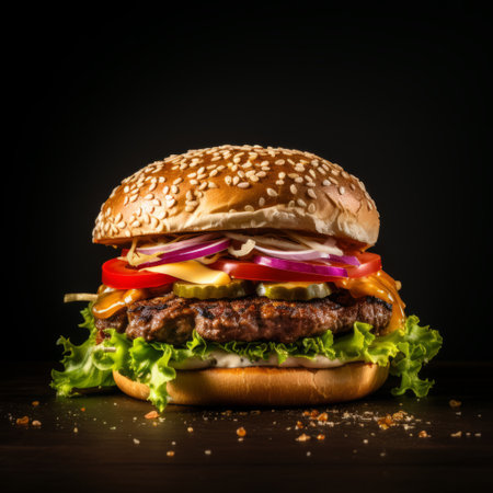 hamburger with vegetables, lettuce, and tomato on a black background. this flat image, captured in the style of the tokina at-x 11-16mm f28 pro dx ii lens, showcases the unpolished authenticity of the dish. the highly detailed composition, wet-on-wet blending technique, and intense lighting and shadow create a visually striking photo reminiscent of national geographic's captivating imagery. rtx on. ai generatedの素材