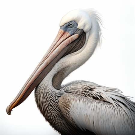 a white pelican with a long beak is depicted in this digital illustration by paul hedley. the painting showcases detailed shading and is reminiscent of scientific illustrations. the artwork has been digitally enhanced, incorporating elements of peter coulson's character caricatures. ai generatedの素材