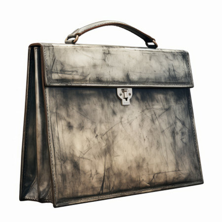 a grey briefcase is displayed on a white background, showcasing a patinated and oxidized art deco designer style. the briefcase appears crumpled and highly detailed, with stainswashes and luminous glazes adding depth. the color palette consists of dark beige and silver, creating a sophisticated and elegant look. ai generatedの素材