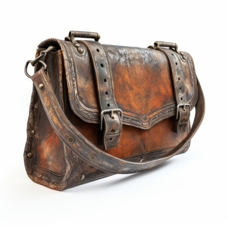 antique brown shoulder bag isolated on a white background. this stock photo captures the essence of matthias haker's style with its rough edges and unique, one-of-a-kind pieces. reminiscent of the great depression era, the bag features a dark silver and light orange color scheme. the eccentric props and lush detailing add to its overall charm. ai generatedの素材