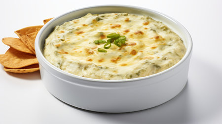 smokable white cheddar dip in a bowl, captured by ronald j oblie, showcases a visually striking composition with dark green and beige zigzags. the softbox lighting adds depth and highlights the elaborate details of the dish. this photograph exudes a hallyu-inspired aesthetic, with its multi-layered presentation. ai generatedの素材